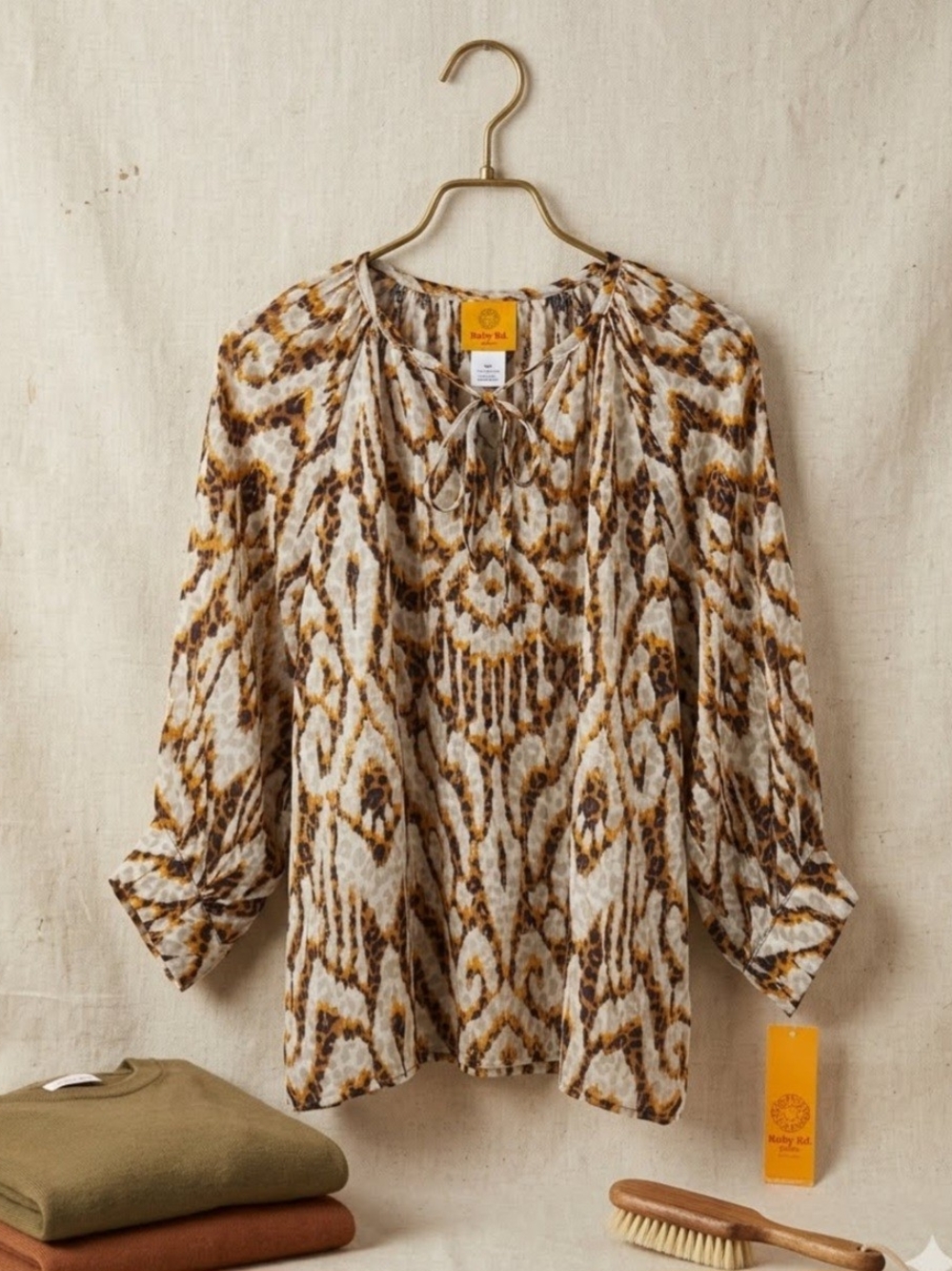 Ruby Rd. Cream & Brown Patterned Tie-Neck Blouse